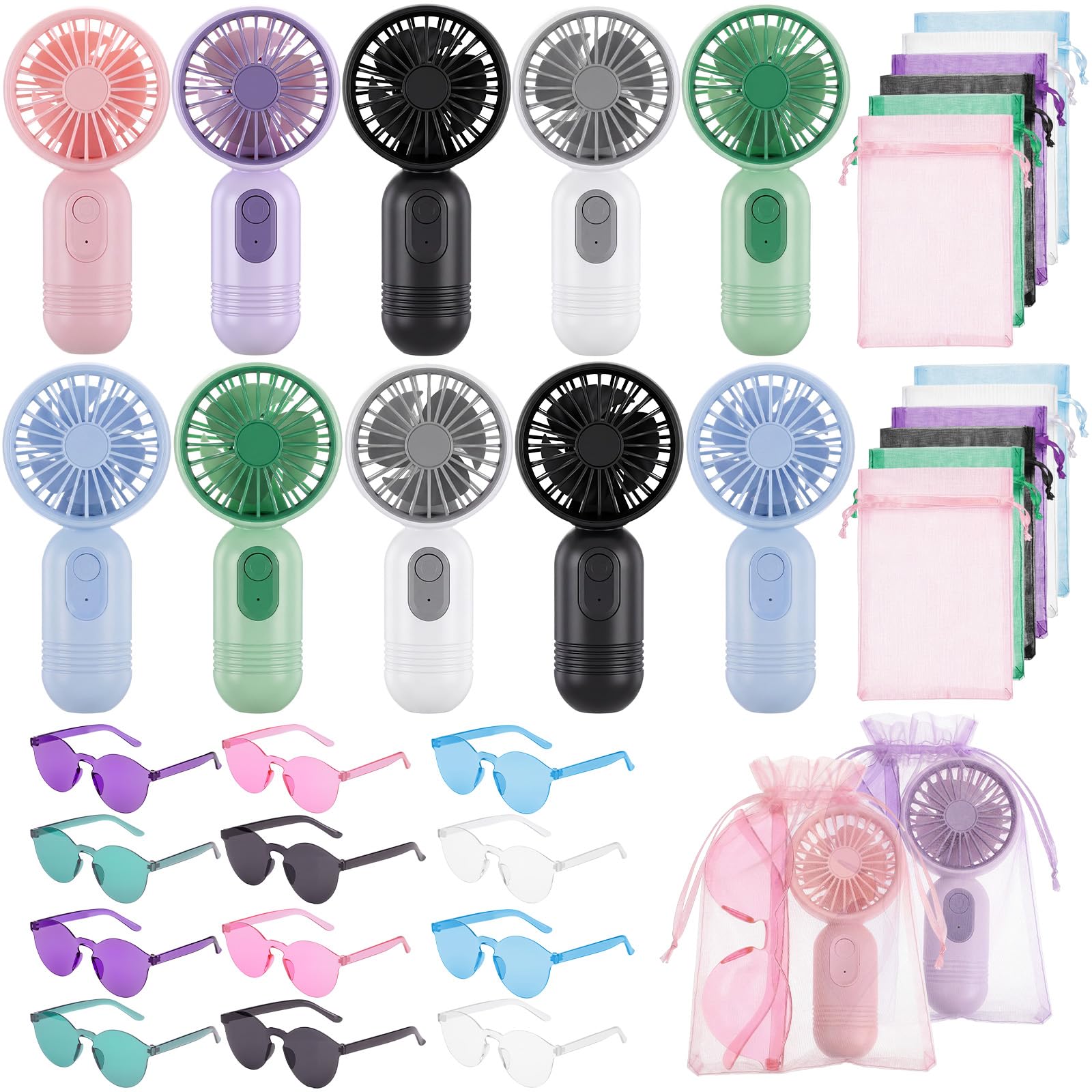 Tragbarer Handventilator und Sonnenbrille, wiederaufladbar, Mini-Taschenfächer mit Organza-Geschenkbeuteln für Strand, Schwimmen, Reisen, Park, Outdoor, 24 Stück