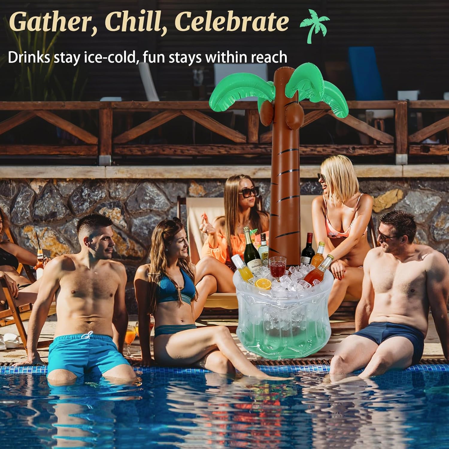 60" Inflatable Palm Tree Cooler, Floating Blow Up Drink Cooler for Pool Party, Giant Capacity Ice Bucket for Hawaiian Luau & Tropical Beach Party Supplies
