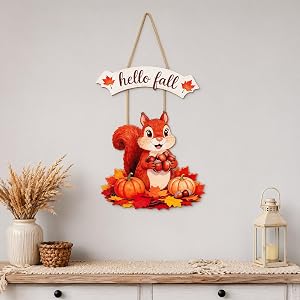 Hello Fall Squirrel Door Sign - Rustic Autumn Wall Decor with Pumpkins & Acorns, Fall Hanging Decor for Porch Home