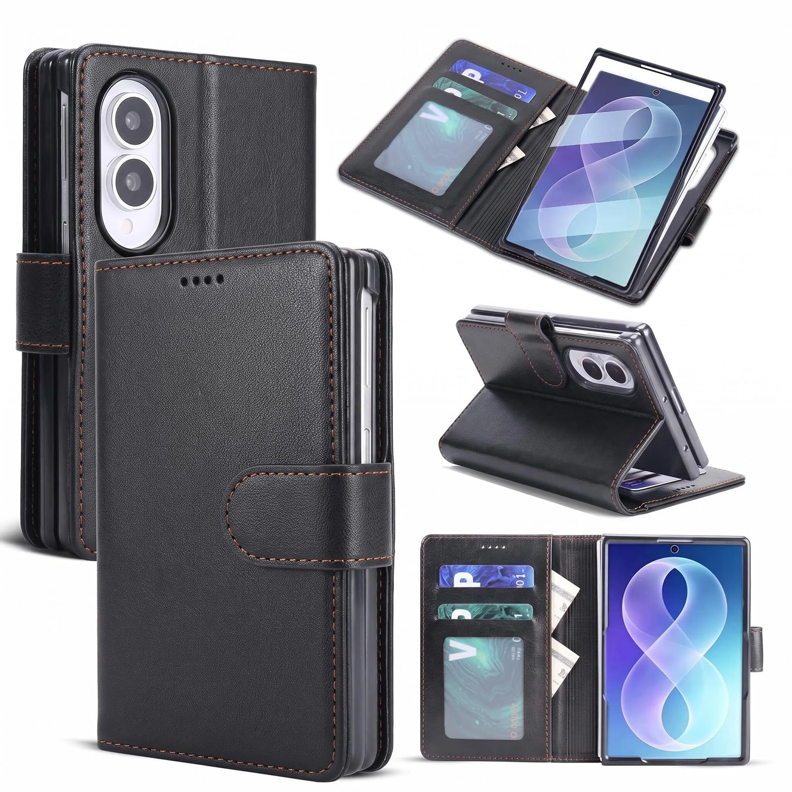 Sodbul for Samsung Galaxy Z Fold 8 Wallet Case, Built-in Screen Protector Kickstand & Magnetic Snap Closure, PU Leather Flip Folio with Card Slots Black