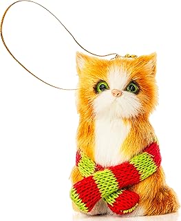 Ornativity Christmas Mini Cat Ornament - Furry Orange Kitten with Scarf Holiday Tree Hanging Decoration