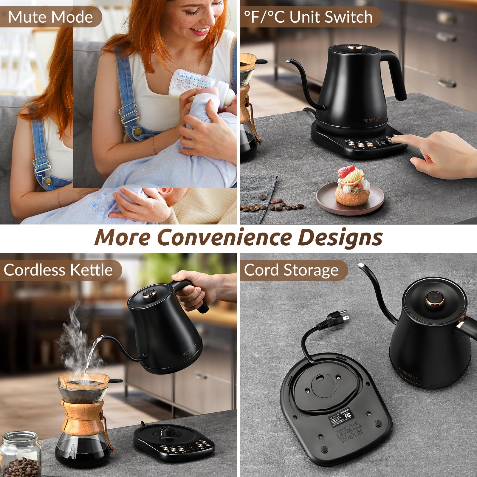 Hervidor eléctrico de cuello de cisne, 1200 W, 6 ajustes de temperatura, tapa interior e inferior de acero inoxidable, 1 litro de calentamiento rápido para café y té, negro mate 8