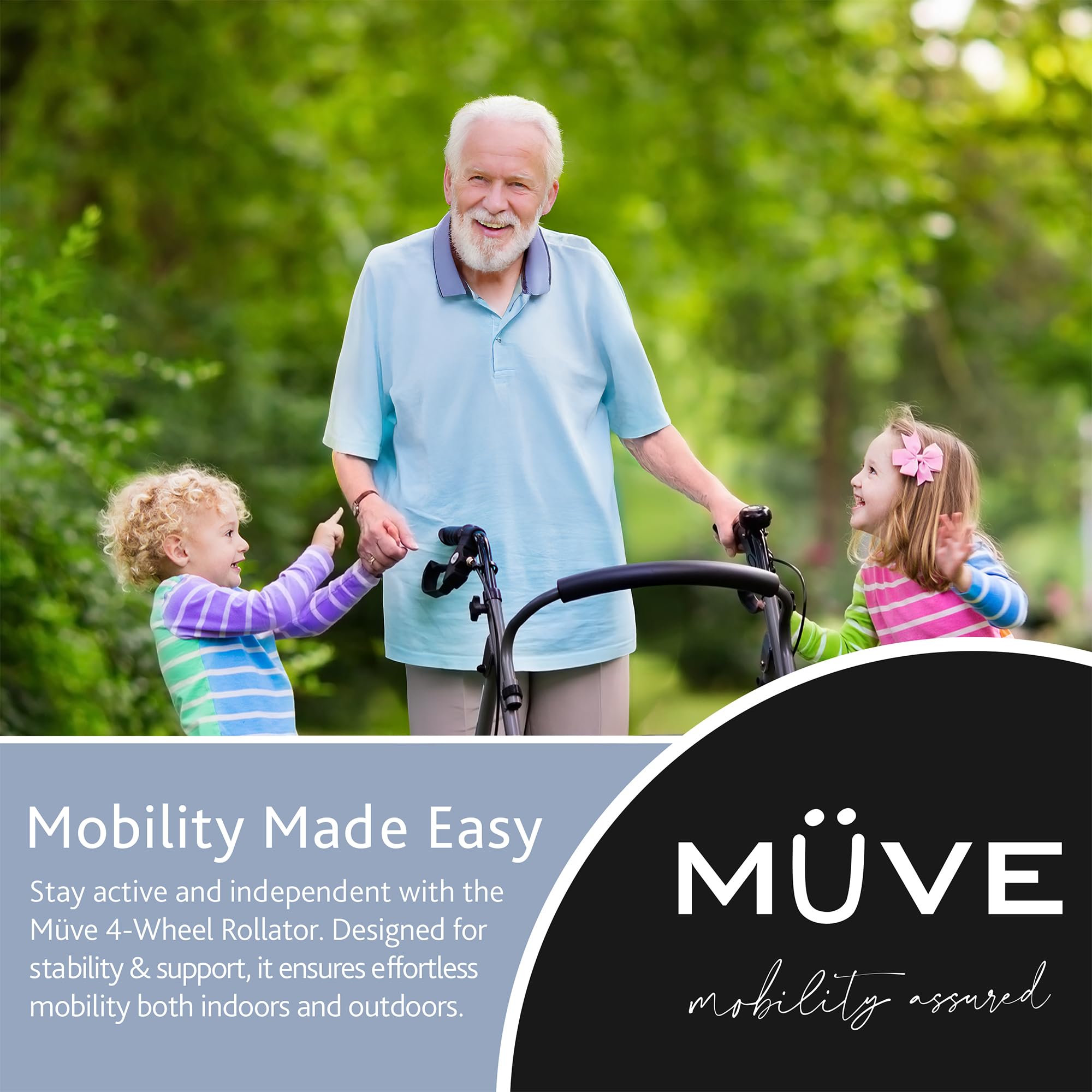 Muve Andador Con Asiento Para Personas Mayores y Discapacitadas - 4 Ruedas Estables, Andador para Exterior e Interior, Frenos de Seguridad, Plegable, Soporte de Movilidad Asistida