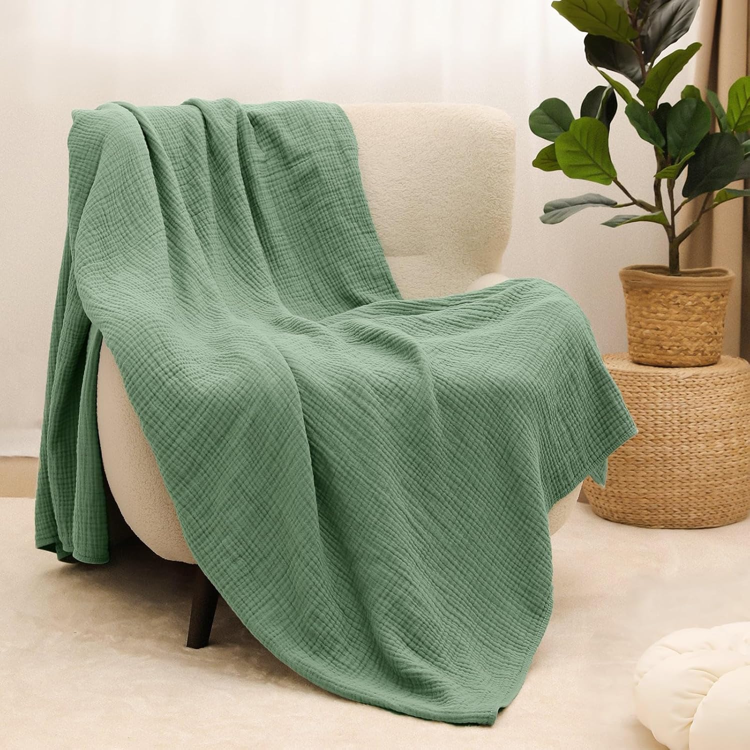 100% Cotton Muslin Blanket Twin XL Size 66" x 90" for Bed Couch Summer Gauze Blanket for Adults Lightweight and Breathable Dark Green