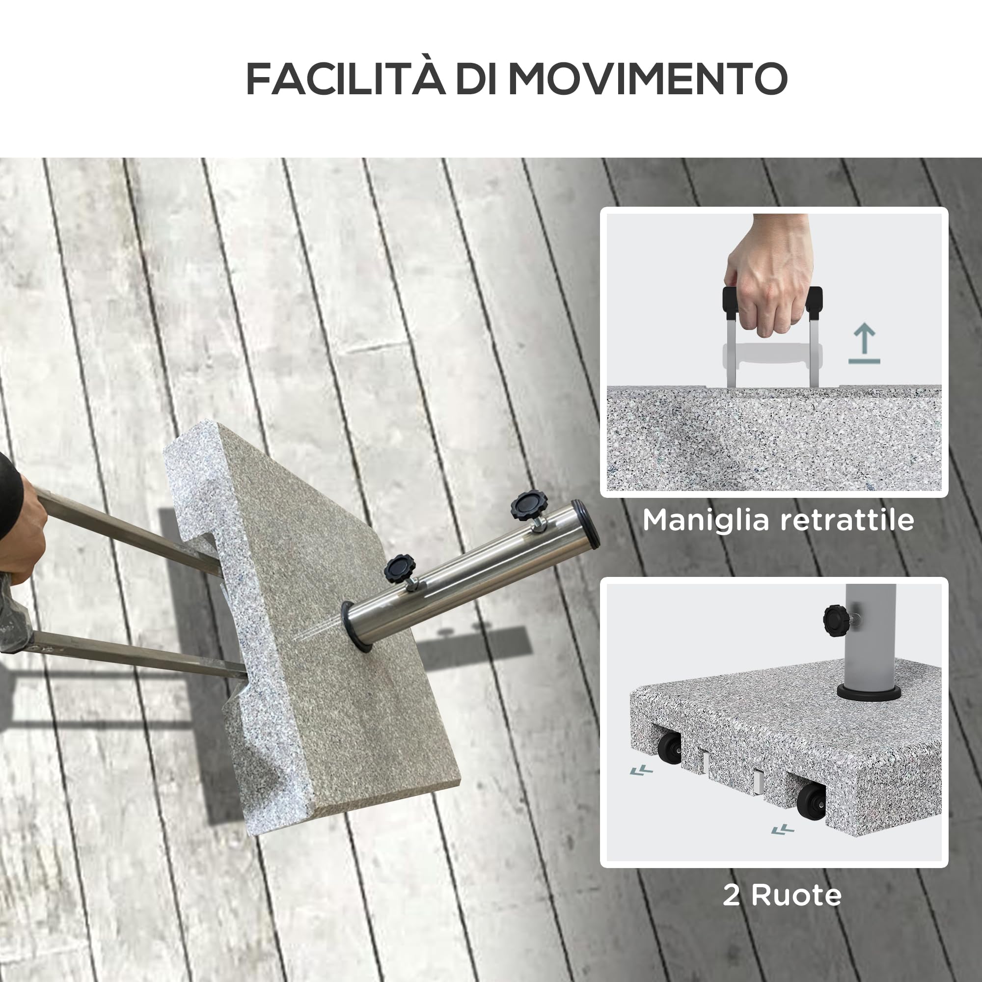 Outsunny Base per Ombrellone da Giardino in Granito, Basamento per Ombrellone da 28kg con Rotelle e Maniglia Estensibile, 41x41x37.5cm, Grigio