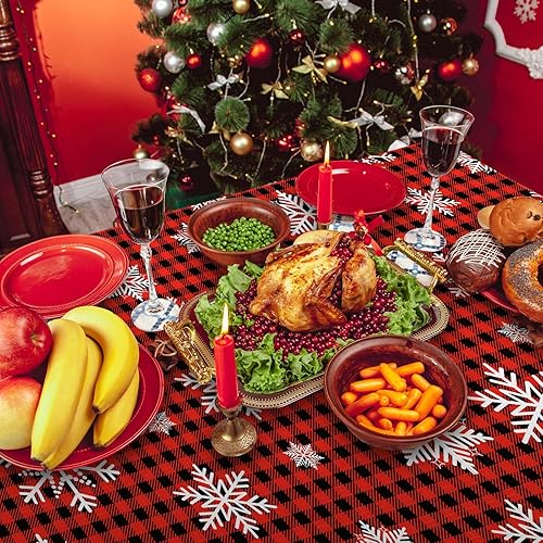 Miniatura 6 de Mantel navideño de 100 pies de largo, diseño de copos de nieve, color negro y rojo, diseño de copos de nieve, decoración de mesa de Navidad para