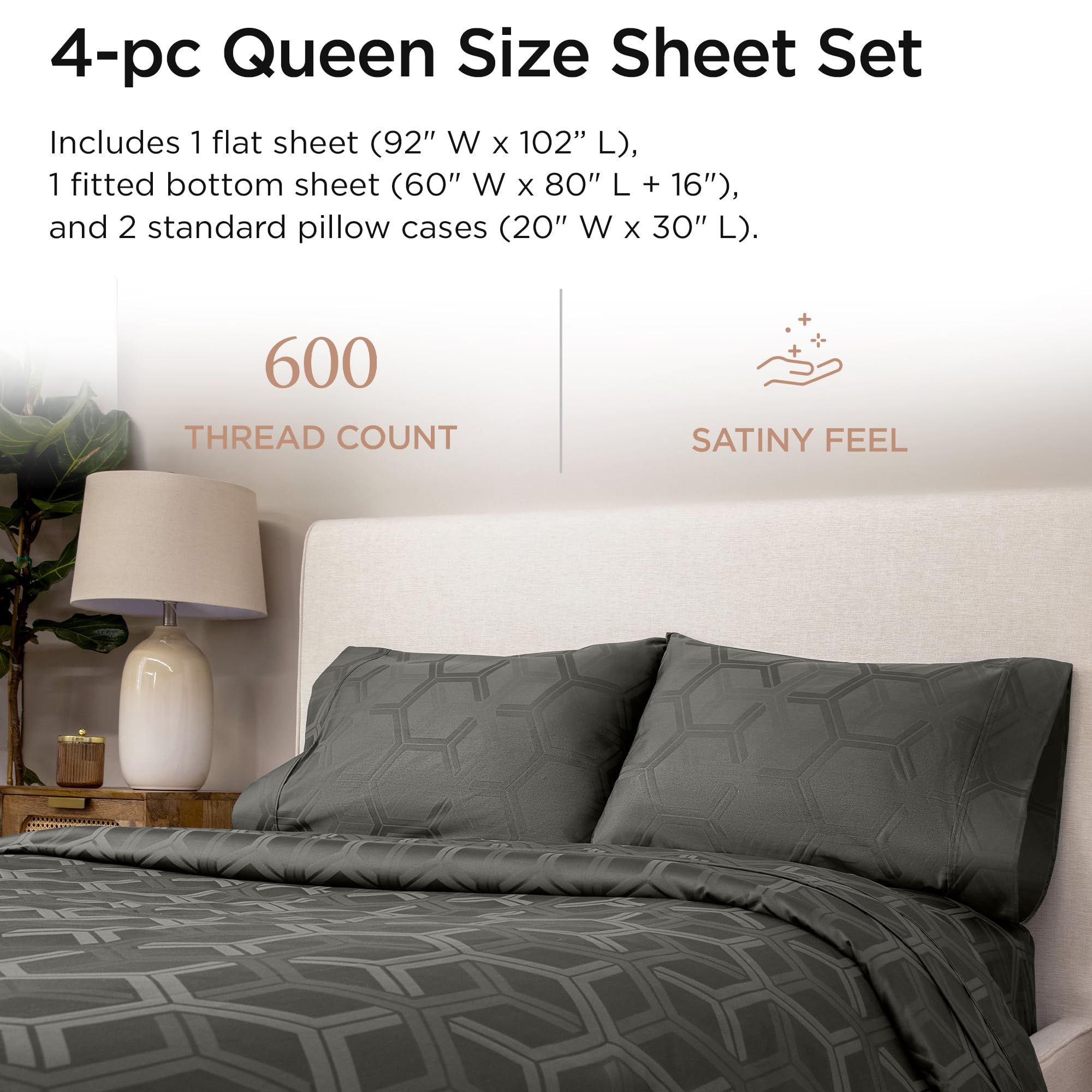 Parure De Draps Luxe Queen Size 600 Fils - Coton Sateen Ivoire (neuf, 4 Pièces)