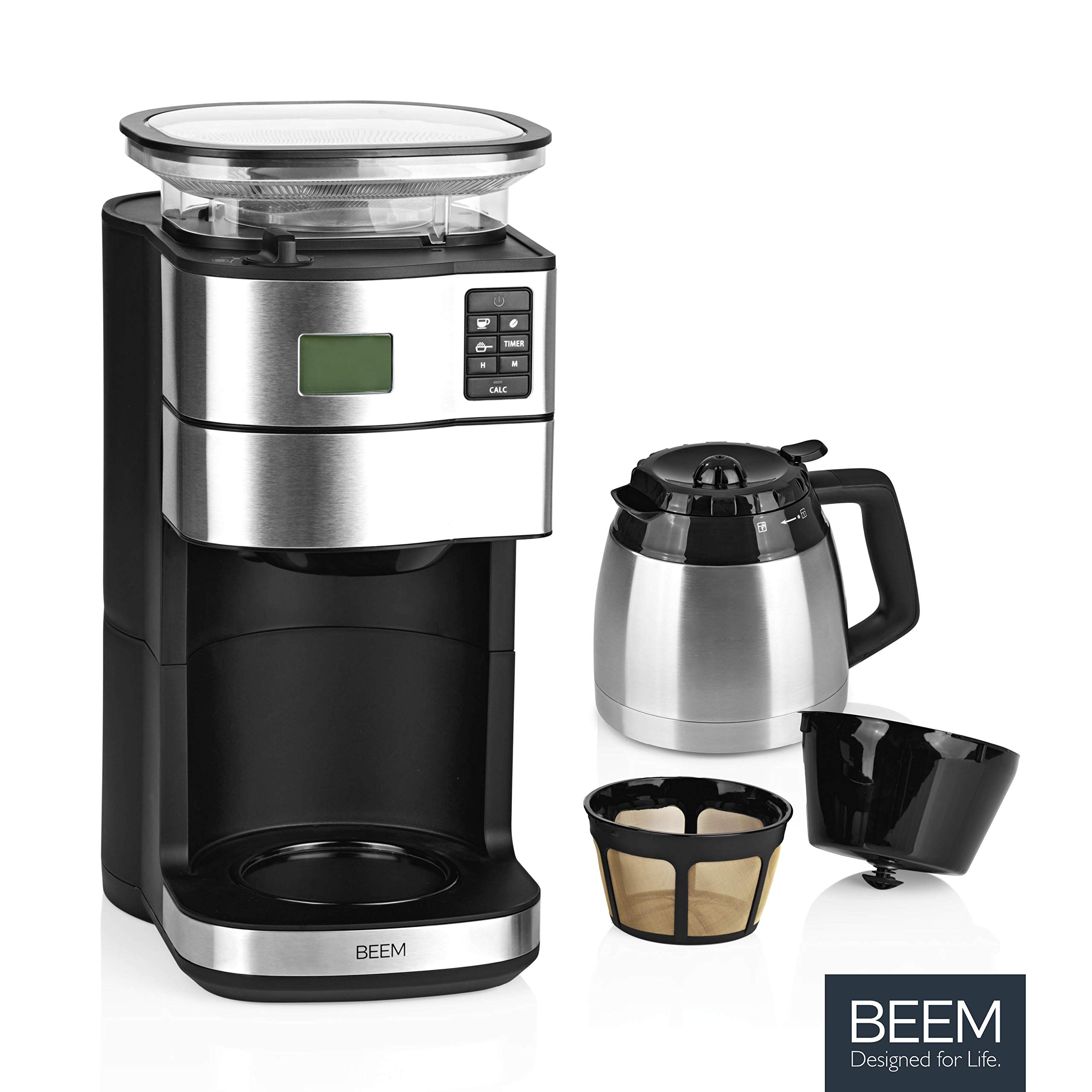 BEEM FRESH-AROMA-PERFECT II Filterkaffeemaschine mit Mahlwerk - Thermo | Edelstahl | Thermokanne | 24h-Timer | 1000 W | 180 g Bohnenbehälter
