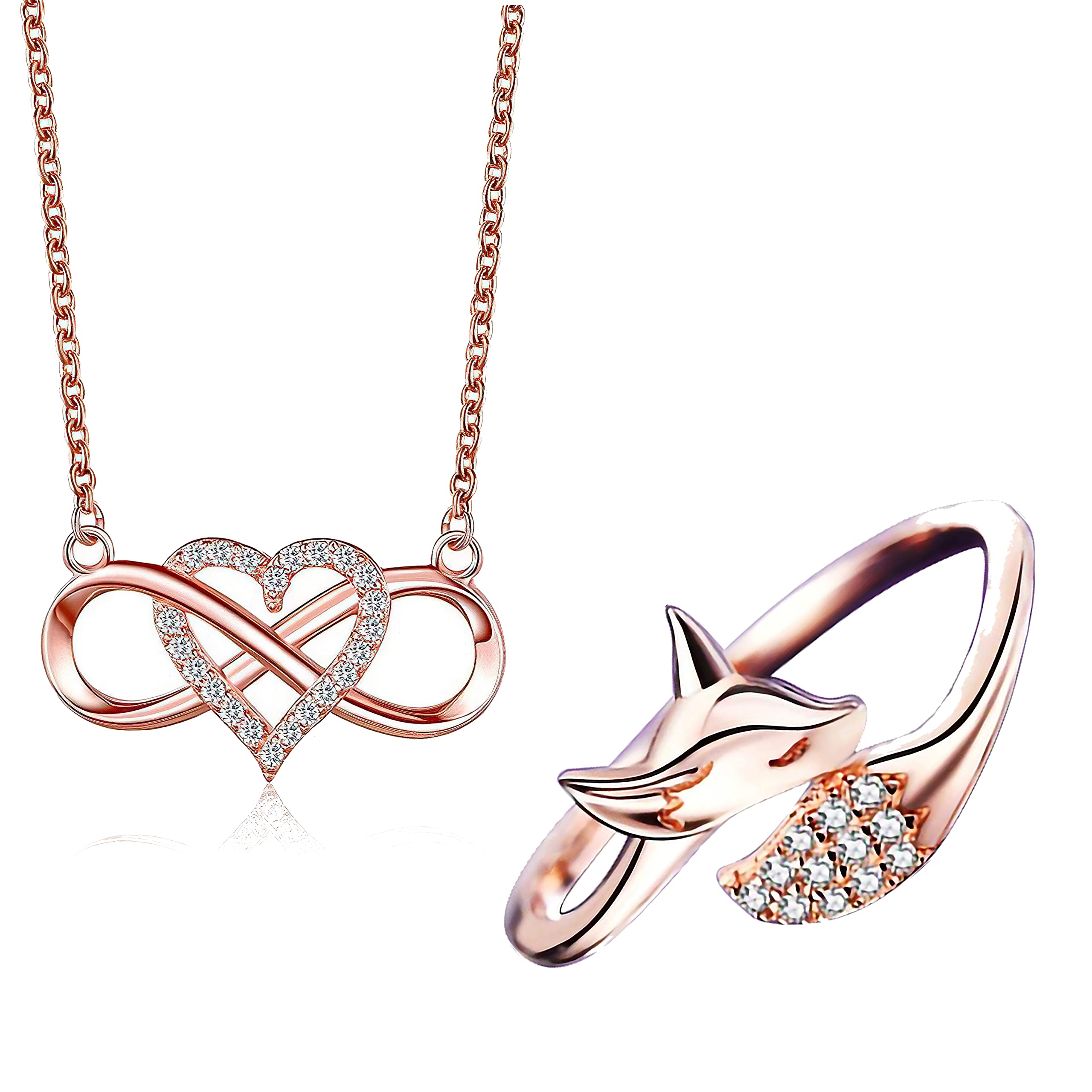 Heart Infinity Pendant For Women Girls Rose Gold Plated Pendant Necklace With Fox Design Finger Adjustable Ring Gift for Sister