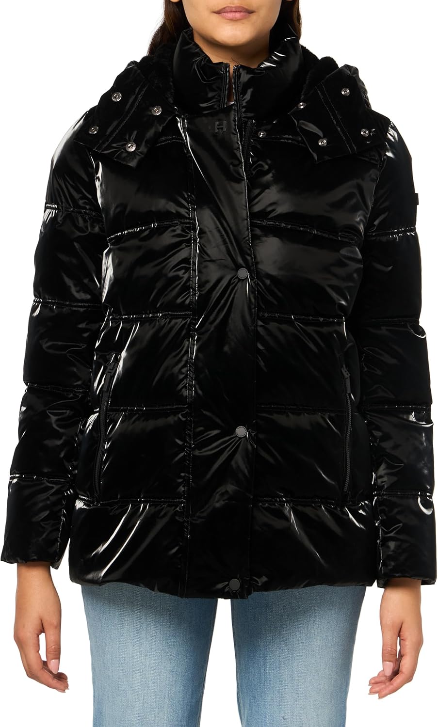 HALSTON Women's Bib Hood Detail Shine Puffer