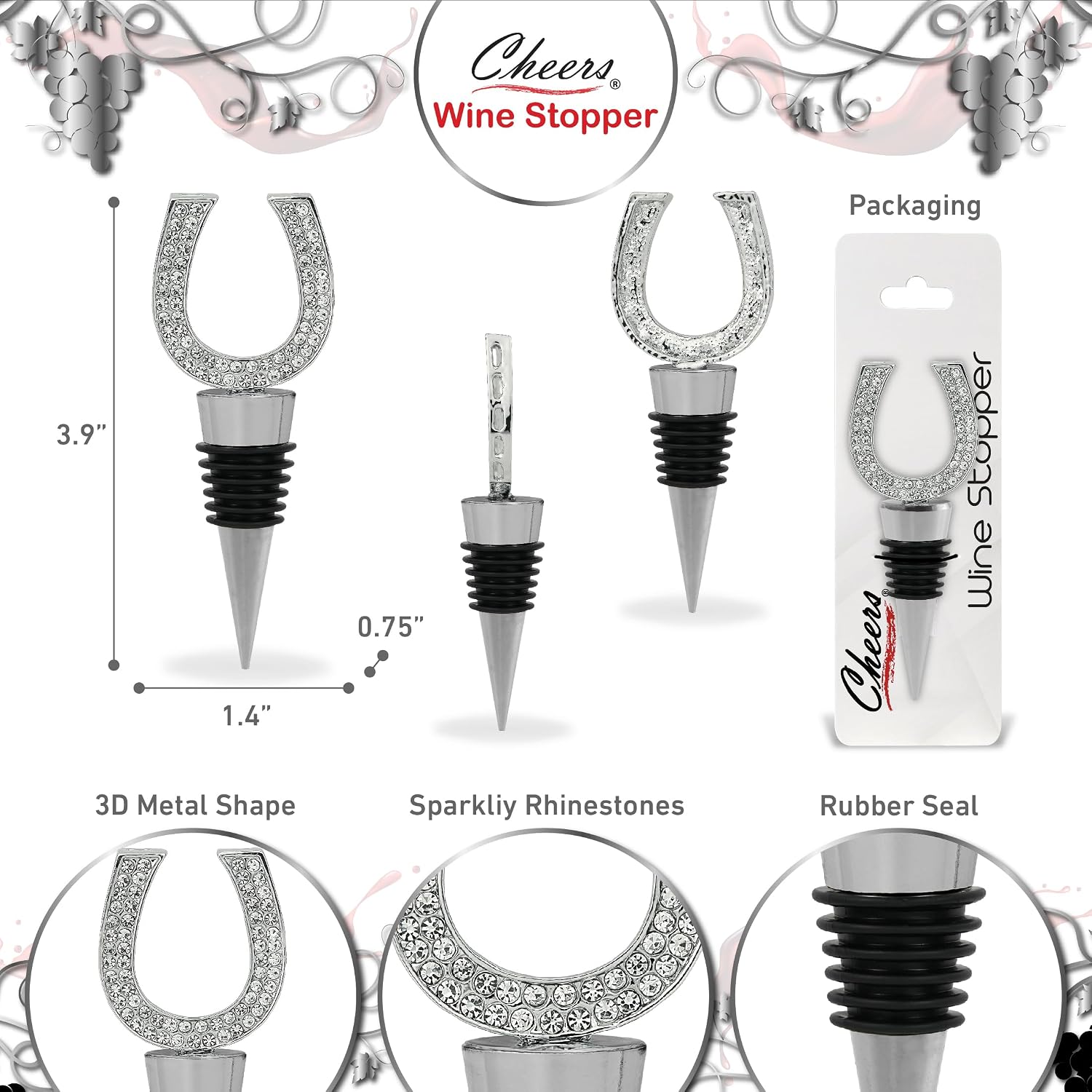Cheers Silver Horse Shoe Wine Bottle Stopper with Rhinestone Crystals