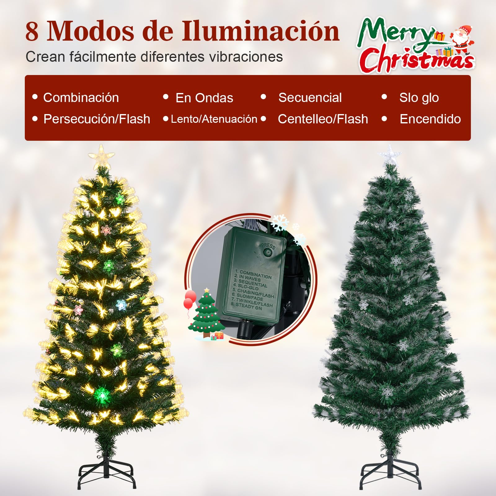 COSTWAY Árbol de Navidad de Fibra Óptica 150 cm, Arbol de Navidad con Luces Incorporadas, 8 Modos de Luz, 170 Puntas de PVC, 20 Copos de Nieve, Estrella, Arvore de Natal Hogar Oficina (150cm)
