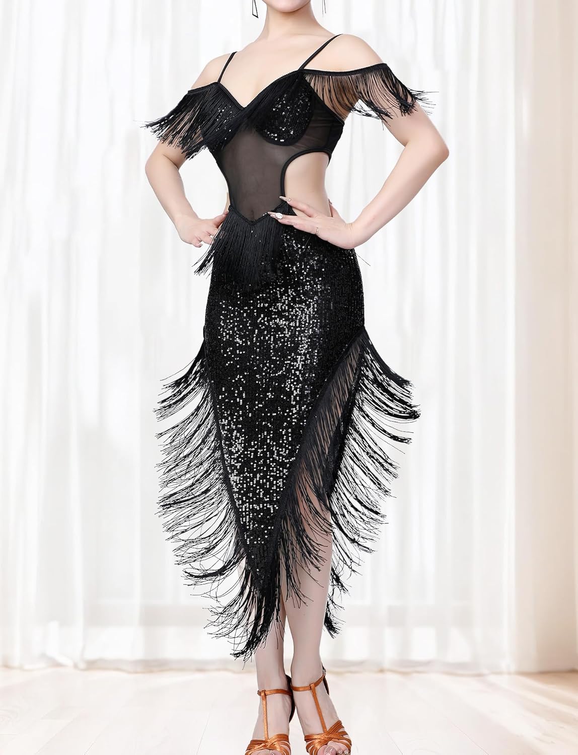 FEOYA Womens Sequin Tassel Dance Dress Adjustable Strap 1920s Flapper Latin Party Dress Costume