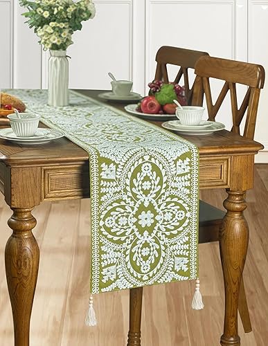 Miniatura 6 de KEVA Camino de mesa bohemio de 72 pulgadas de largo con borlas de madera hechas a mano, camino de mesa rústico vintage bordado de 13 x 72 pulgadas