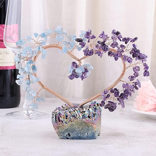 Miniatura 9 de mookaitedecor Árbol de cristal de corazón de cuarzo rosa con base de cuarzo rocoiris recubierto de titanio para decoración de boda, decoración del