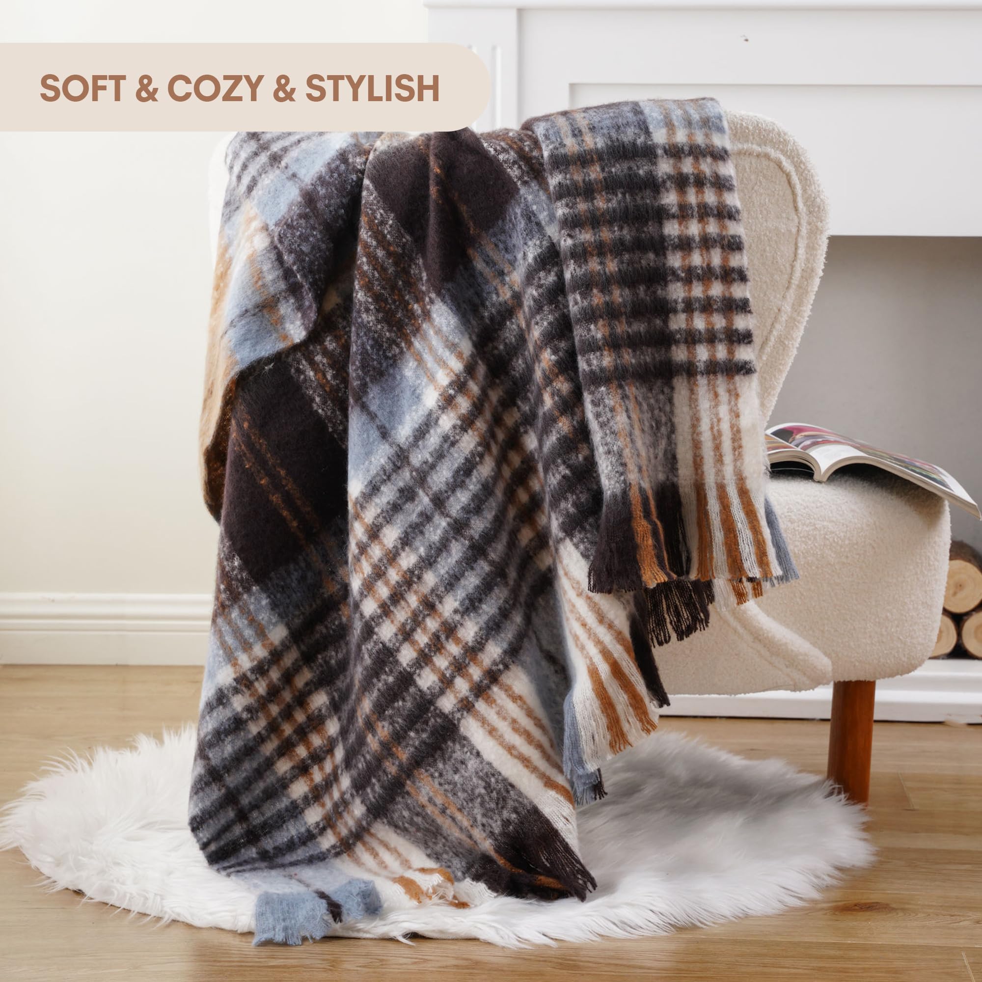Battilo Plaid Throw Blanket for Couch Bed Soft Mohair Tartan Plaid Blanket, Farmhouse Style Checkered Pattern - Image 2