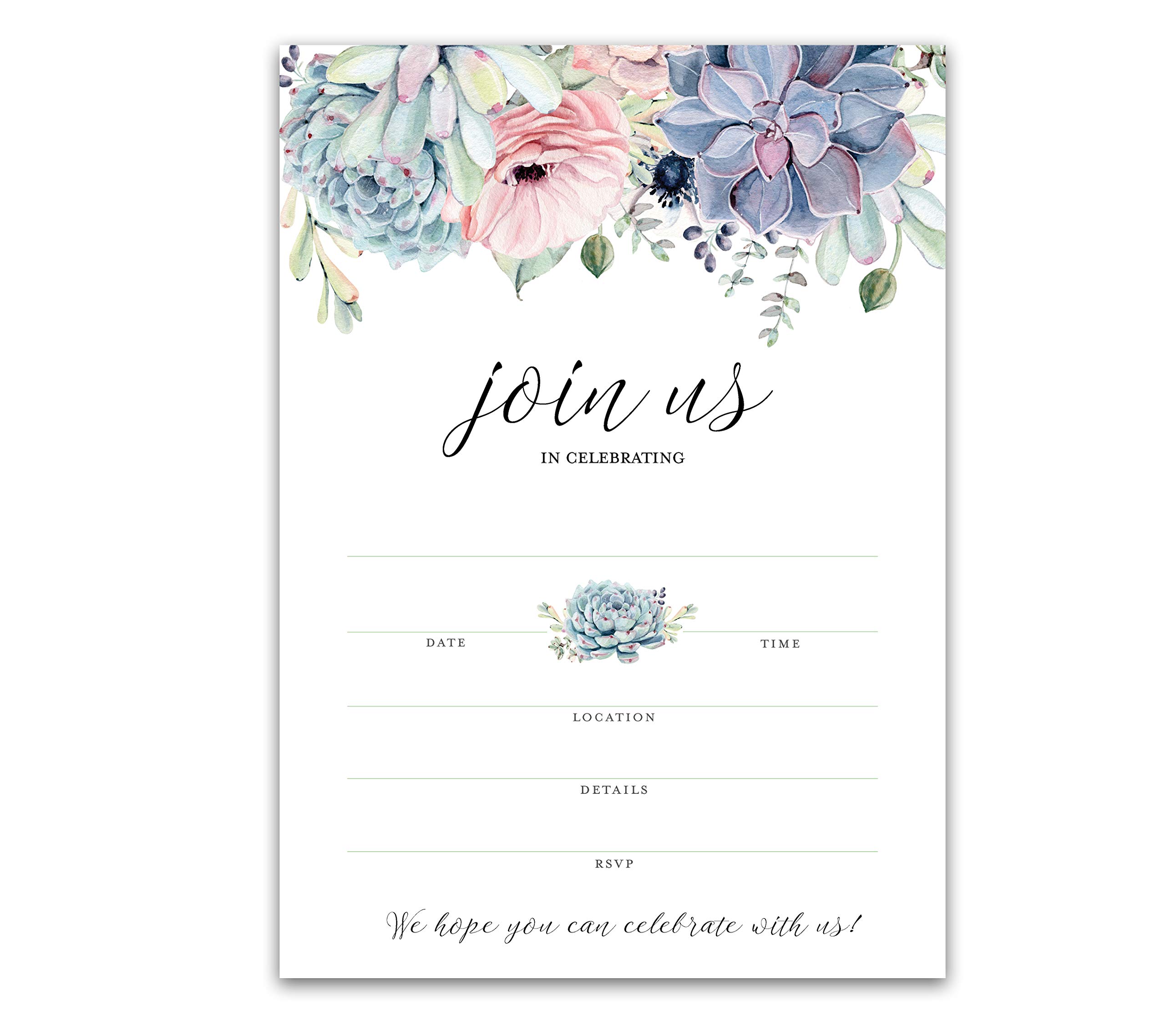 Succulents JOIN US Invitations — Pack of 25 — for Any Special Event, Bridal Shower, Baby Showers, Birthday Party, Engagement, Wedding, GREENERY Blank Fill-in INVITES, Unique Invite SKU I301-INV1