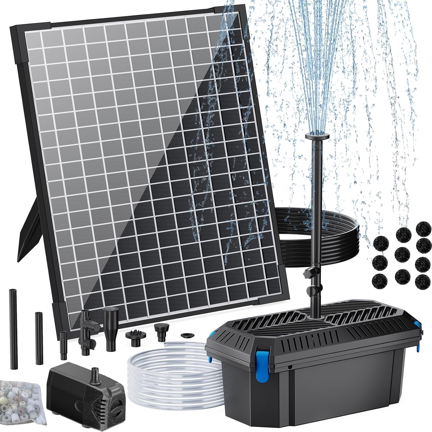 Filtro Solar para Estanque de 25W con Bomba de Agua, Caja de Filtro para Estanque Solar con Flujo Ajustable, Bomba con Tubo PVC para Estanque Exterior Tanque de Peces Cascada Jardín - P3253