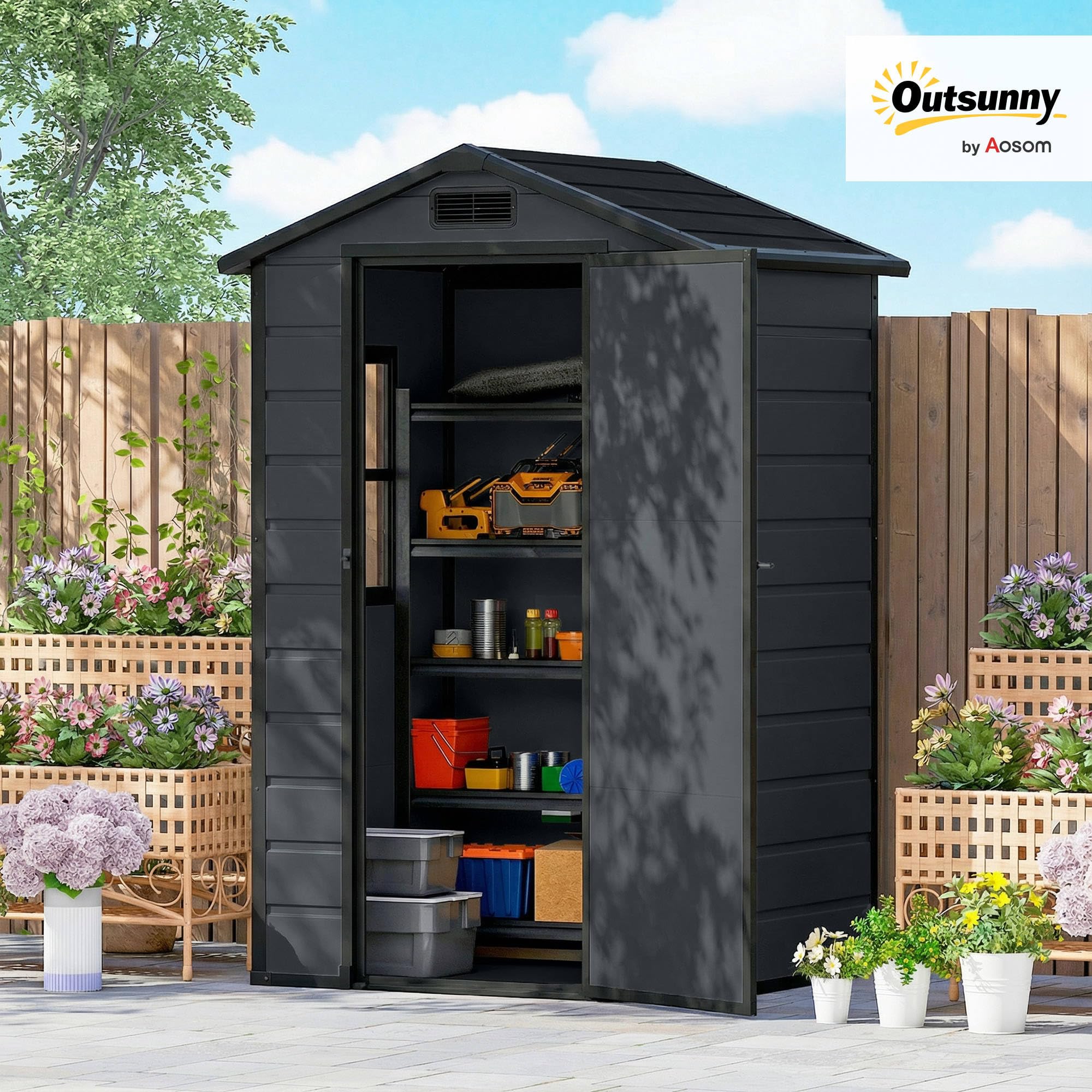 Outsunny Casetta da Giardino 1.09m² in PP con Pavimento Grigio Scuro