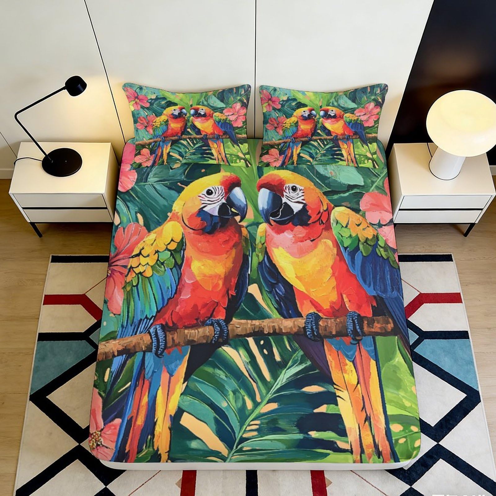 3D Printed Tropical Parrot Fitted Sheet Microfiber Vibrant Bird Floral Mattress Cover for Bedroom Guest Room Decor 140x200x25cm