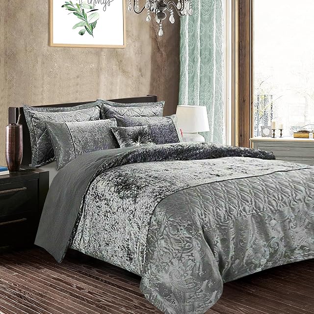 Best Linen Crushed Velvet Duvet Cover Set 3 Piece Solid Quilt Cover Bedding Set With 2 Pillow Cover Soft Easy Care Machine Washable Hypoallergenic (Silver, King)