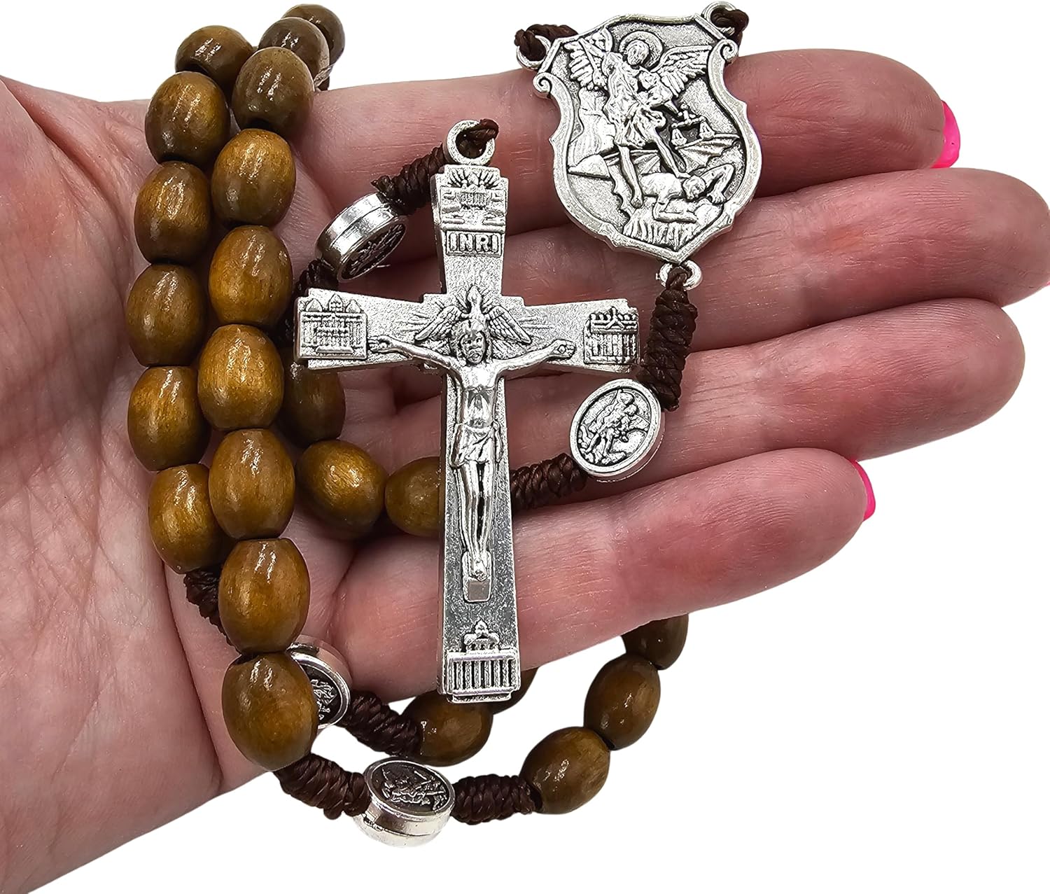 TALISMAN4U Saint Michael the Archangel Solid Wood Rosary Beads Catholic Necklace for Men Holy Trinity Cross Crucifix Guardian Angel Medals Corded Rosaries Gift Rosary Pouch & Prayer Card - Image 4