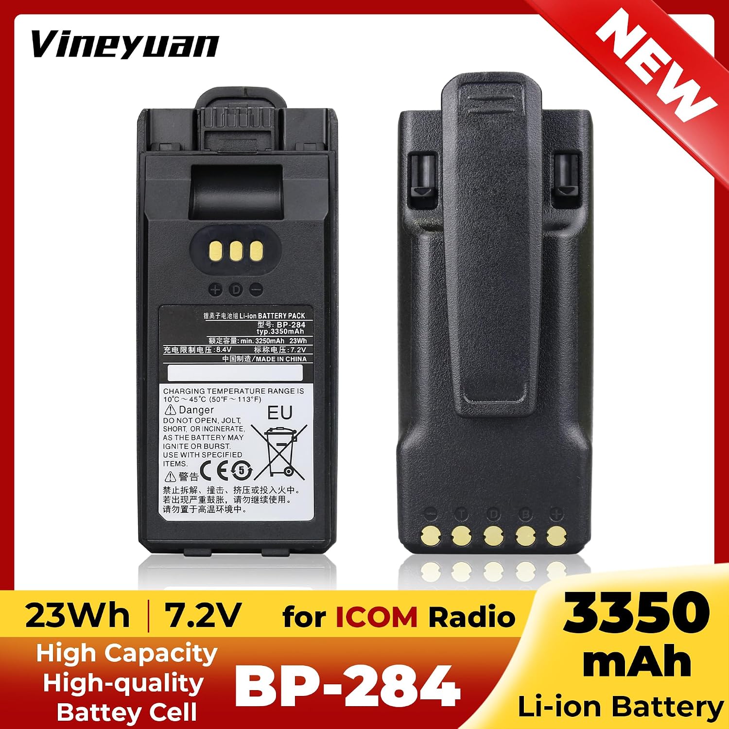 5X 3350mAh BP-283 BP-284 Battery for Icom IC-F3400 IC-F3400D IC-F3400DP IC-F3400DPS IC-F3400DPT IC-F3400DS IC-F3400DT IC-F4400 IC-F4400D IC-F4400DP IC-F7010T IC-F7020 Radios with Belt Clip