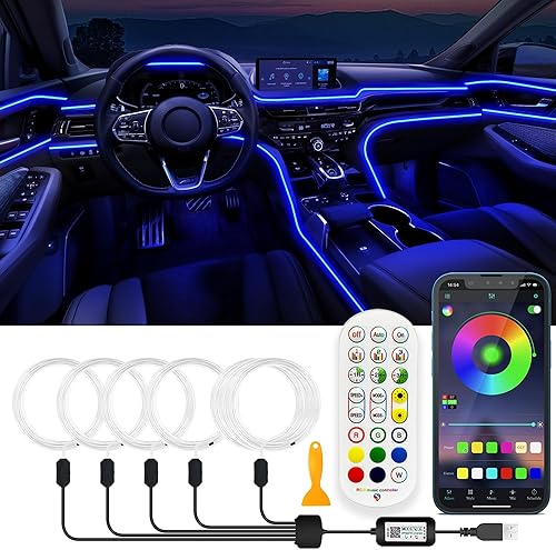 Miniatura 9 de Luces LED USB para automóvil, tira de luces interiores de automóvil con aplicación y control remoto RF, iluminación ambiental 2 en 1 con fibra