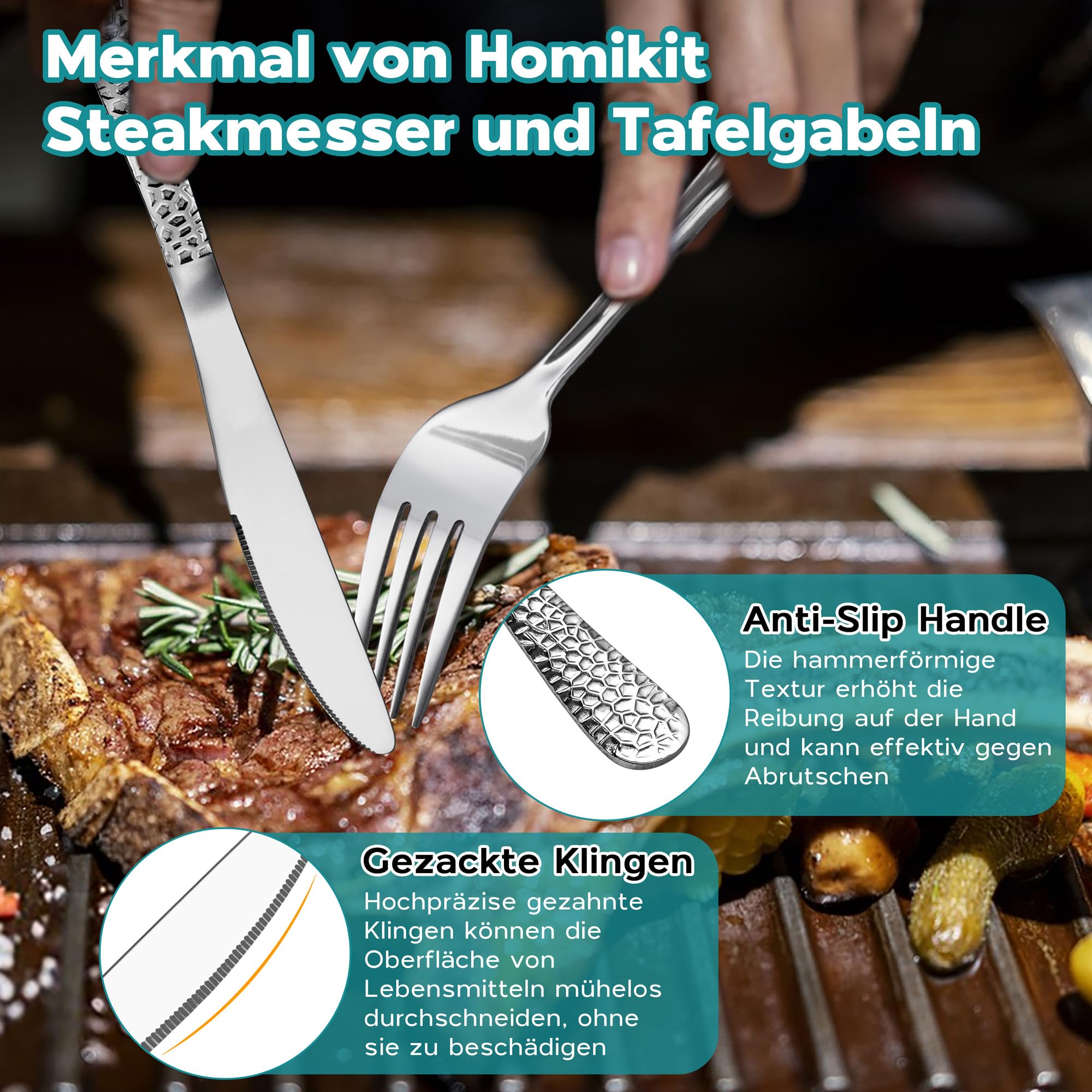Homikit Juego de cubertería de 60 piezas para 12 personas, cubiertos de acero inoxidable martillados, cubiertos con cuchillo, tenedor, cuchara para familia, fiestas, restaurantes, mango redondo y apto