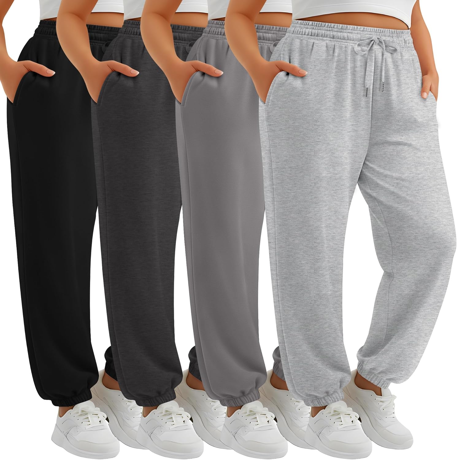 4 Pack Women's Plus Size Sweatpants, Drawstring Loose Fit Joggers Pants Comfy Casual Athletic Pants with Pockets