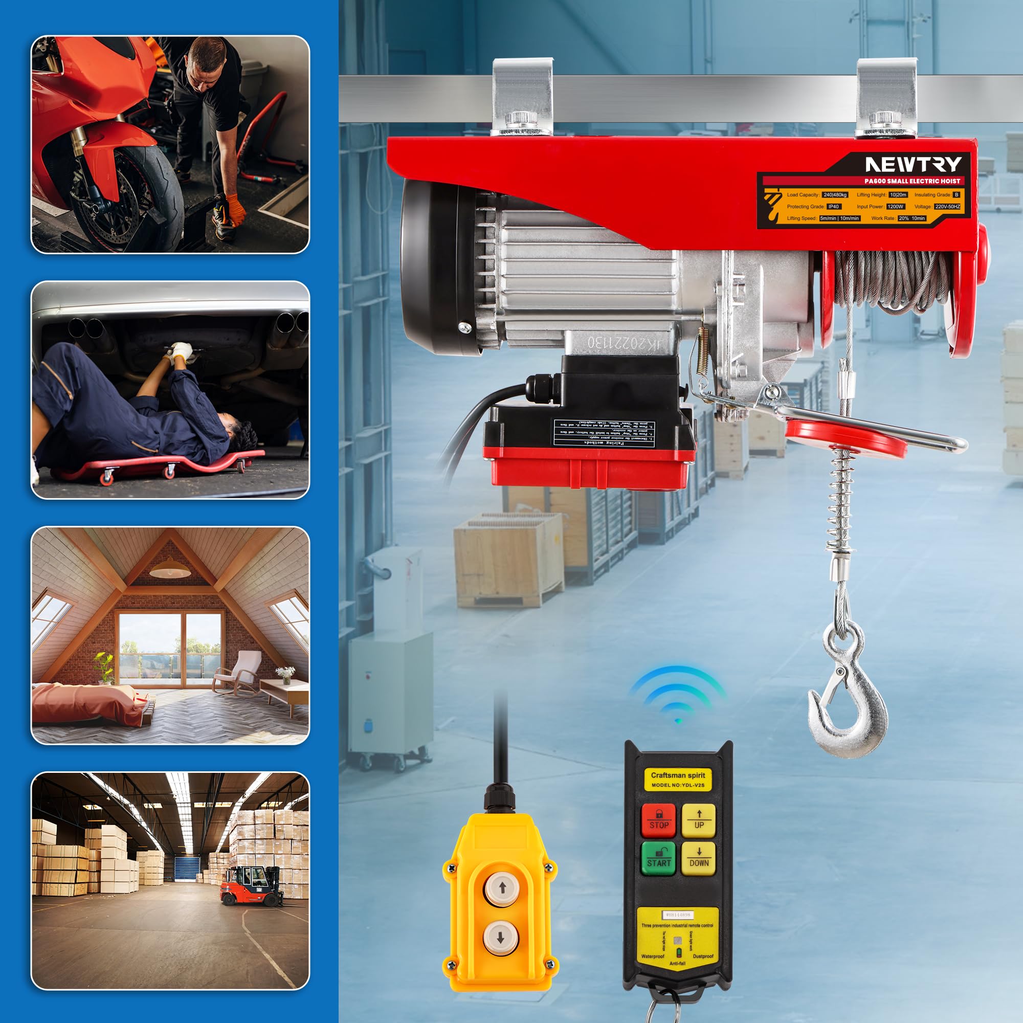NEWTRY paranco elettrico 240kg/480kg, 20m/10m altezza di sollevamento, controllo wireless 100m, controllo a filo 2m, per casa garage magazzino 1200W