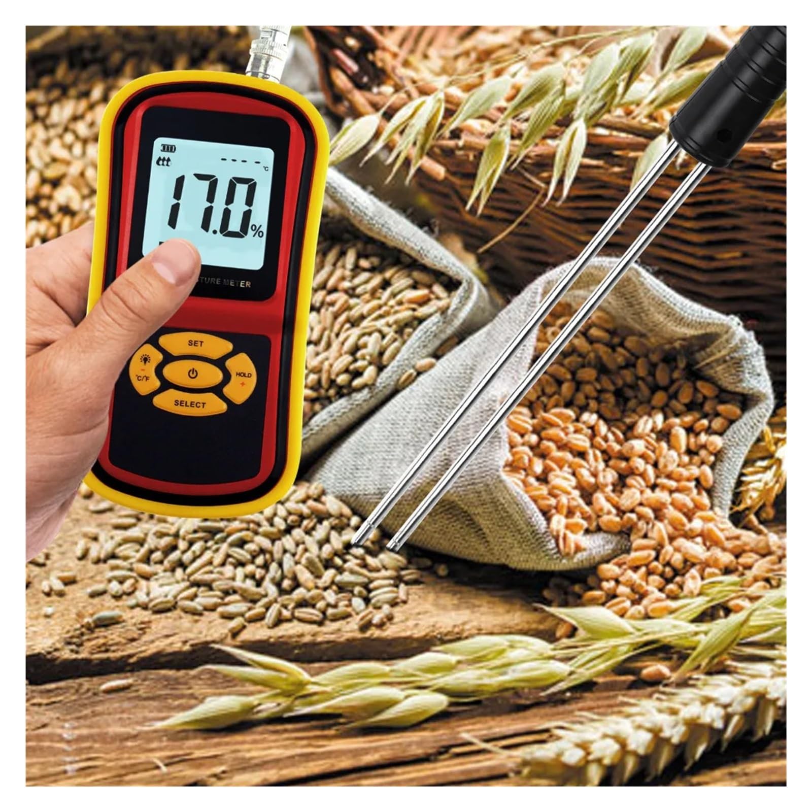 Cyfrowy Wilgotnościomierz Handheld LCD Digital Grain Moisture Meter Hygrometer With Measuring Probe For Corn Wheat Rice Bean do Testowania Zawartości Wody