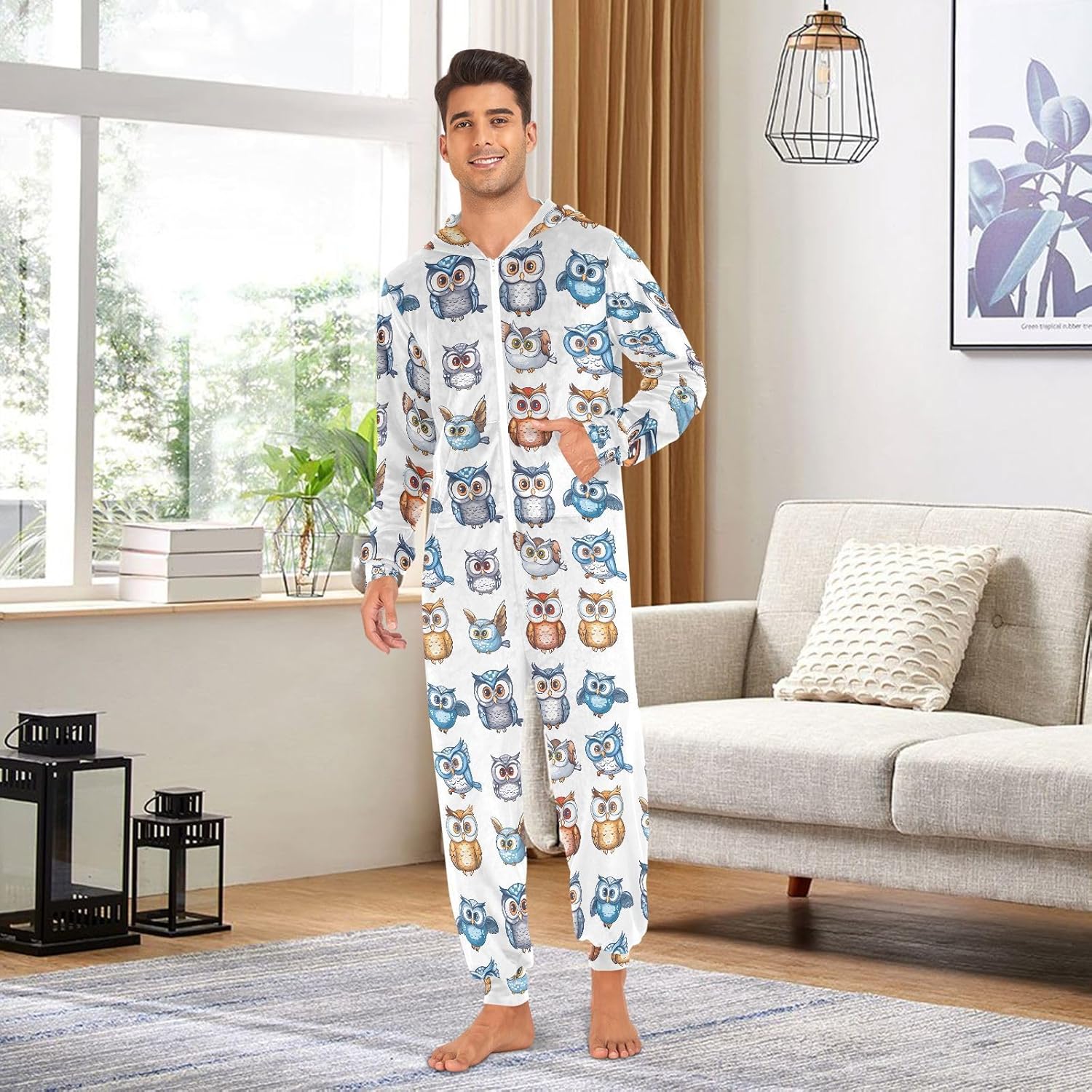 ALAZA Cute Owl Owlet White Adult Onesie Unisex Pajamas One-Piece Costume Hooded Jumpsuit Sleepwear for Men Women