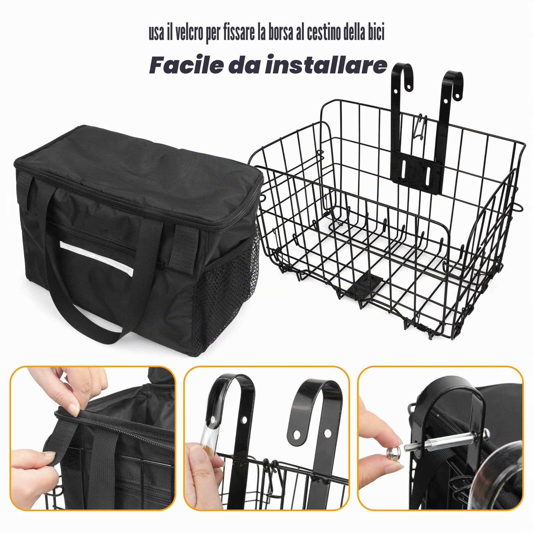 Spesh Cestino per bicicletta pieghevole, in filo di acciaio, con fodera in nylon nero, design a sgancio rapido, per trasportare la spesa