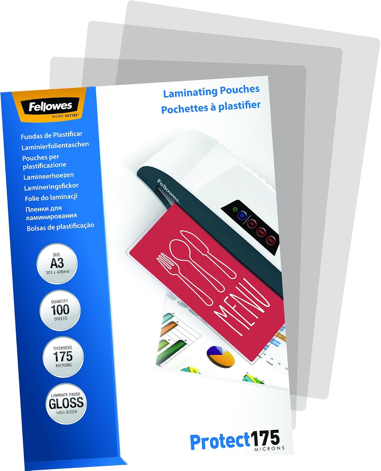 Fellowes A3 Laminating Pouches - Glossy Finish - 100 Sheets, 350 Micron (2 x 175 Micron) Premium - Ideal for Notices, Photos, Creatives, Certificates, Menus and Everyday Use
