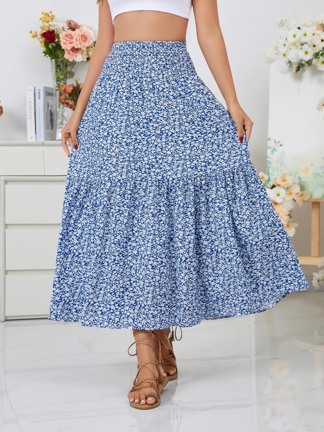 Women's Boho Maxi Skirt Floral Printed Smocked High Waist Long Skirts with Pockets Flowy Ruffle A-Line Summer Beach - Image 2