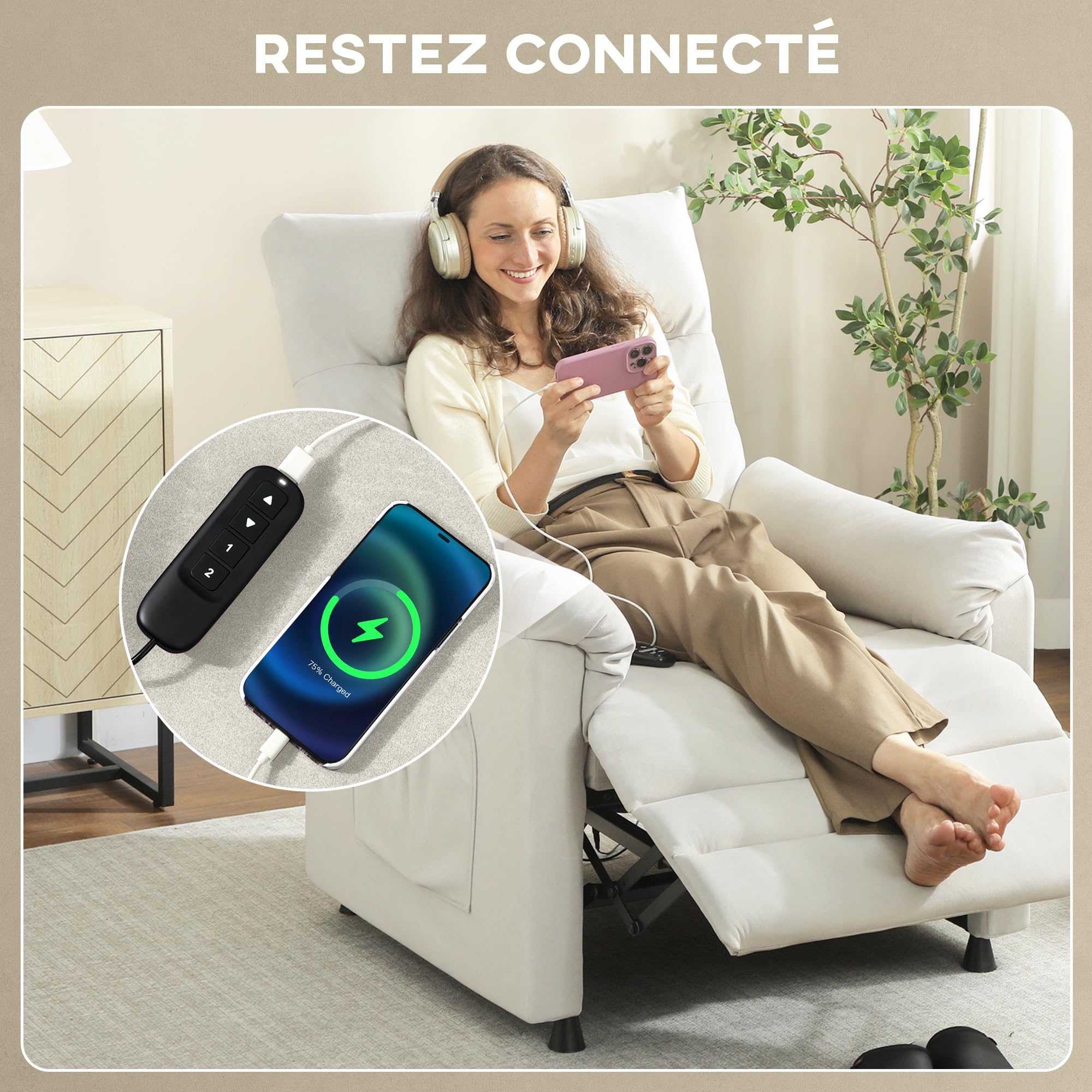 HOMCOM Fauteuil Relax électrique massant et Chauffant, Fauteuil inclinable en Velours adapté aux Animaux, Repose-Pieds, Moteur Silencieux, mémoire, Port USB, Poches latérales et télécommande, crème