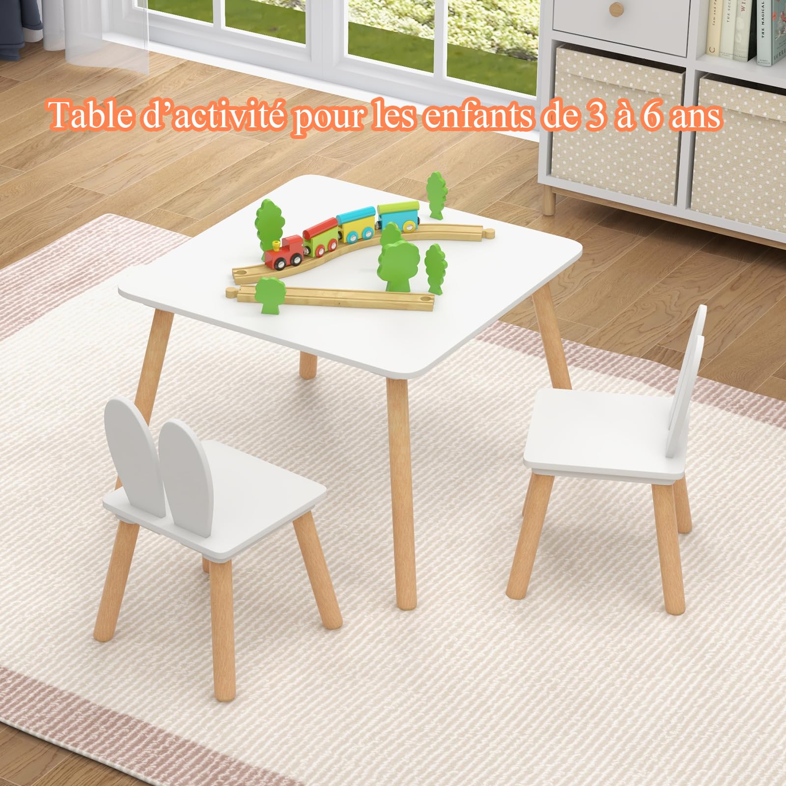 LIFEZEAL Ensemble de Table et Chaise pour Enfants 3-6 Ans, Table Enfant avec 2 Chaises en Bois, Chaise avec Dossier en Forme de Lapin, Charge de 20/40 KG, Table de Jeux 60x60x43 CM (Blanc)
