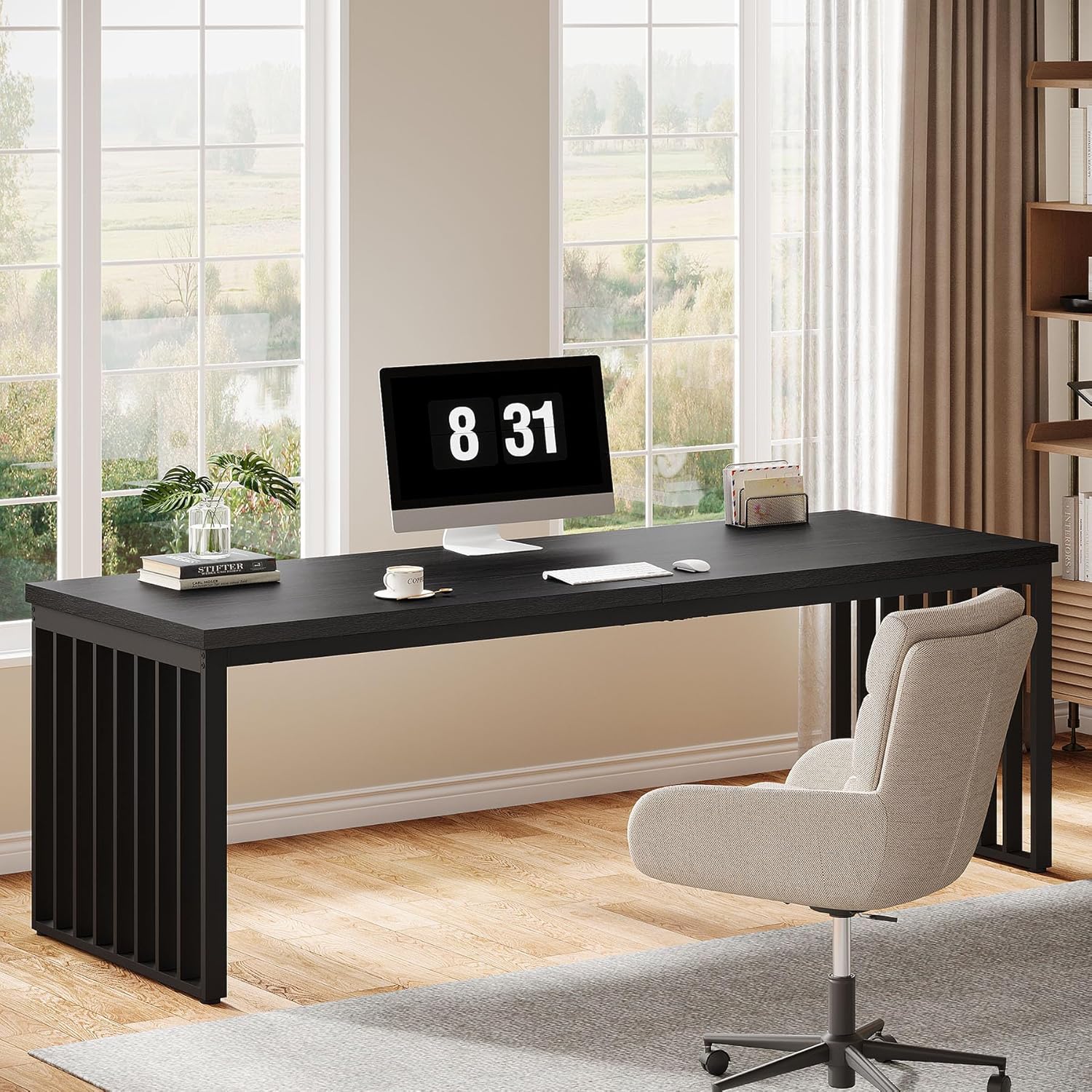 Tribesigns 78" Computer Desk, Extra Long 2-Person Desk with Metal Legs, Double Writing Table with Spacious Space, Industrial Wooden Office Desk, Large Study Desk Workstation for Home Office (Black)