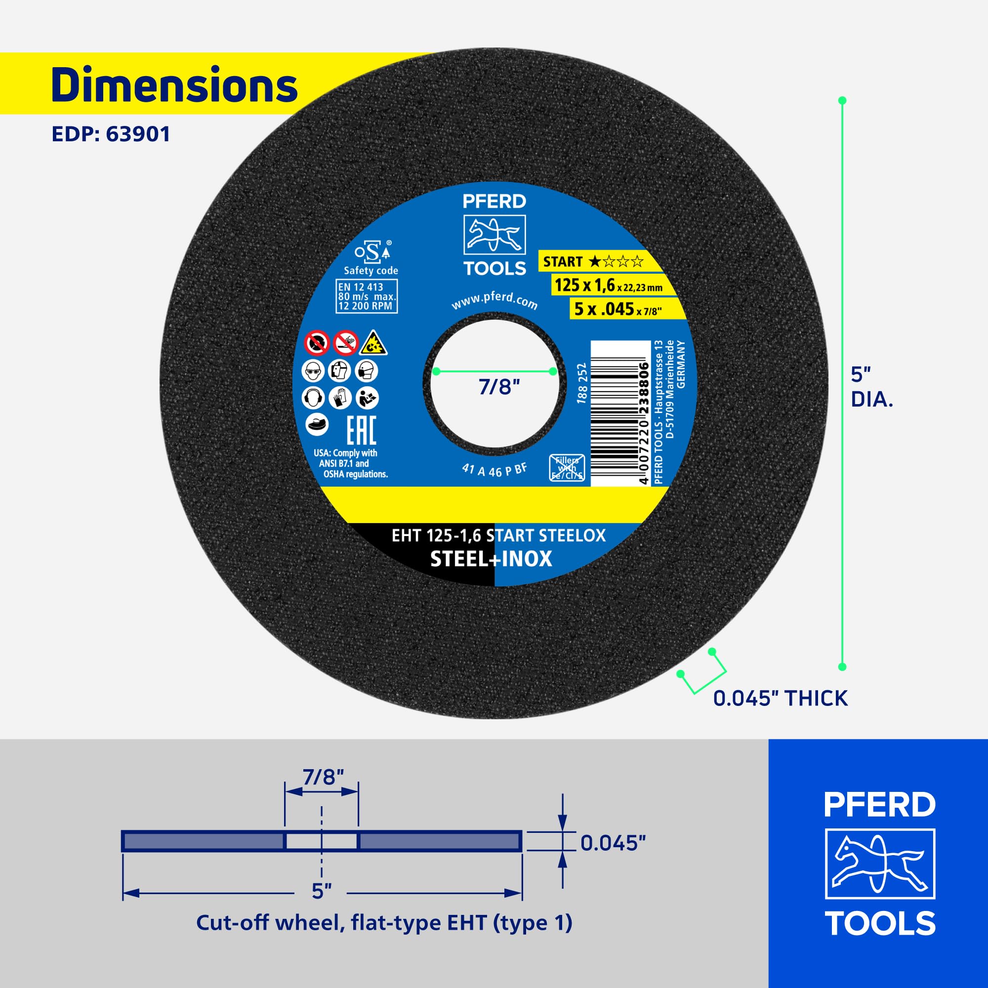 PFERD EHT 69121069 Lot de 25 disques à tronçonner | 125 x 1,6 x 22,23 mm Droite Start Steel Line | 69121069 - pour acier, acier inoxydable (INOX)
