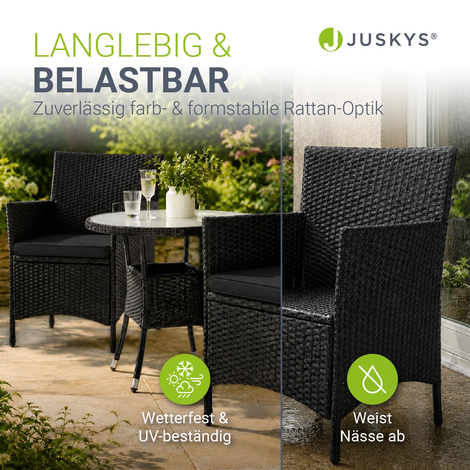 Juskys Polyrattan Balkon Set Bayamo 2 Personen - Tisch mit Glasplatte & 2 Stühlen - Wetterfeste Balkonmöbel - Auflagen waschbar - schwarz - grau