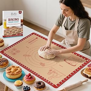 Silicone Baking Mat with Recipes, Extra Thick Silicone Mats for Baking, Non Stick Pastry Mat for Rolling Dough, Silicone Macaron Baking Mat for Cookie,Bread,Pizza,Fondant Mat, Oven&Dishwasher Safe