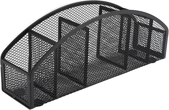 5-Compartment Metal Mesh Pen Holder, Curved Desk Organizer for Pens, Pencils & Office Supplies, Durable Black Wire Storage for Home, School & Office