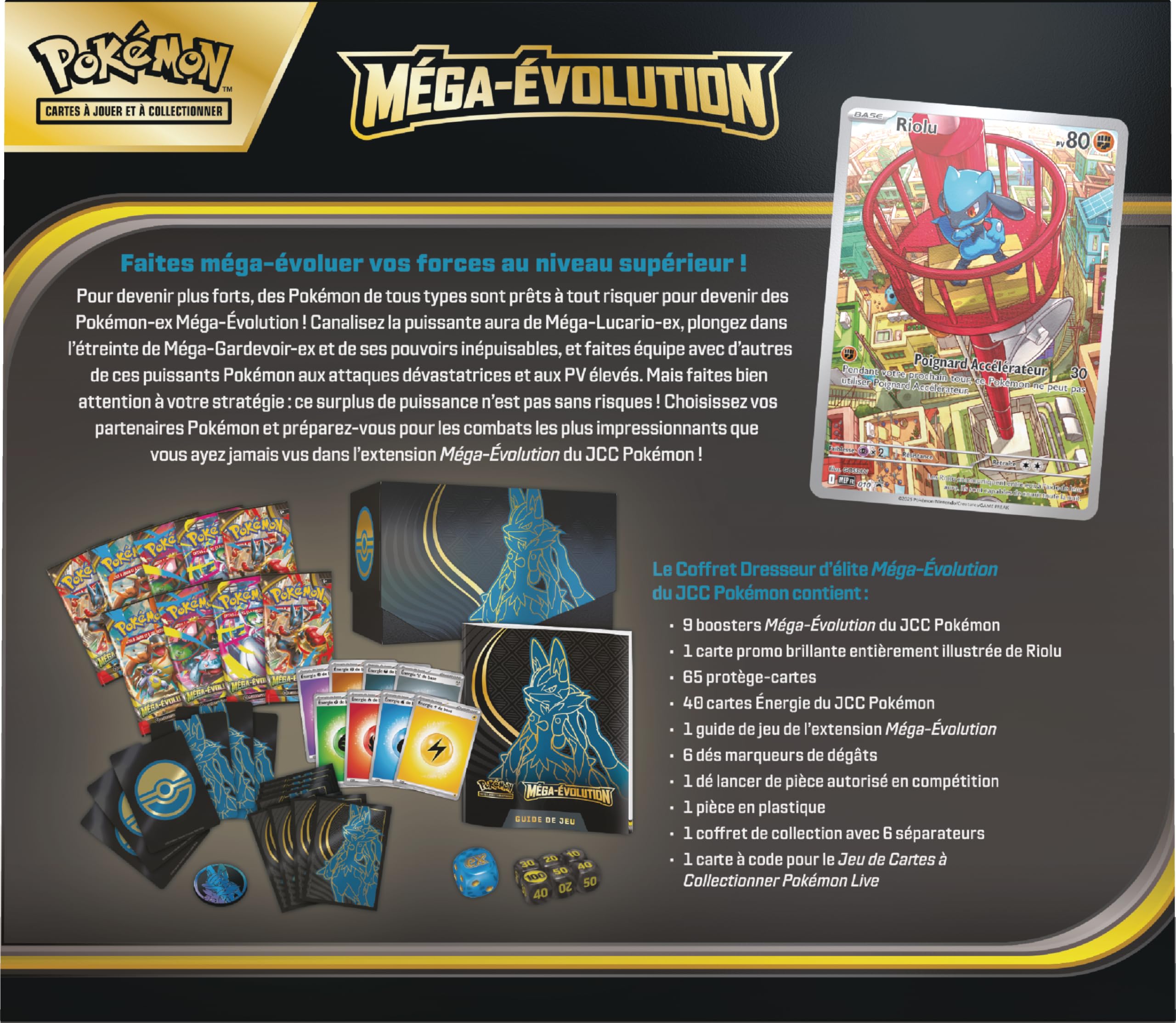 Pokémon : Coffret Dresseur d’élite Méga-Évolution – Lucario du JCC Pokémon (1 Carte Promo entièrement illustrée, 9 boosters et des Accessoires de Jeu Premium)