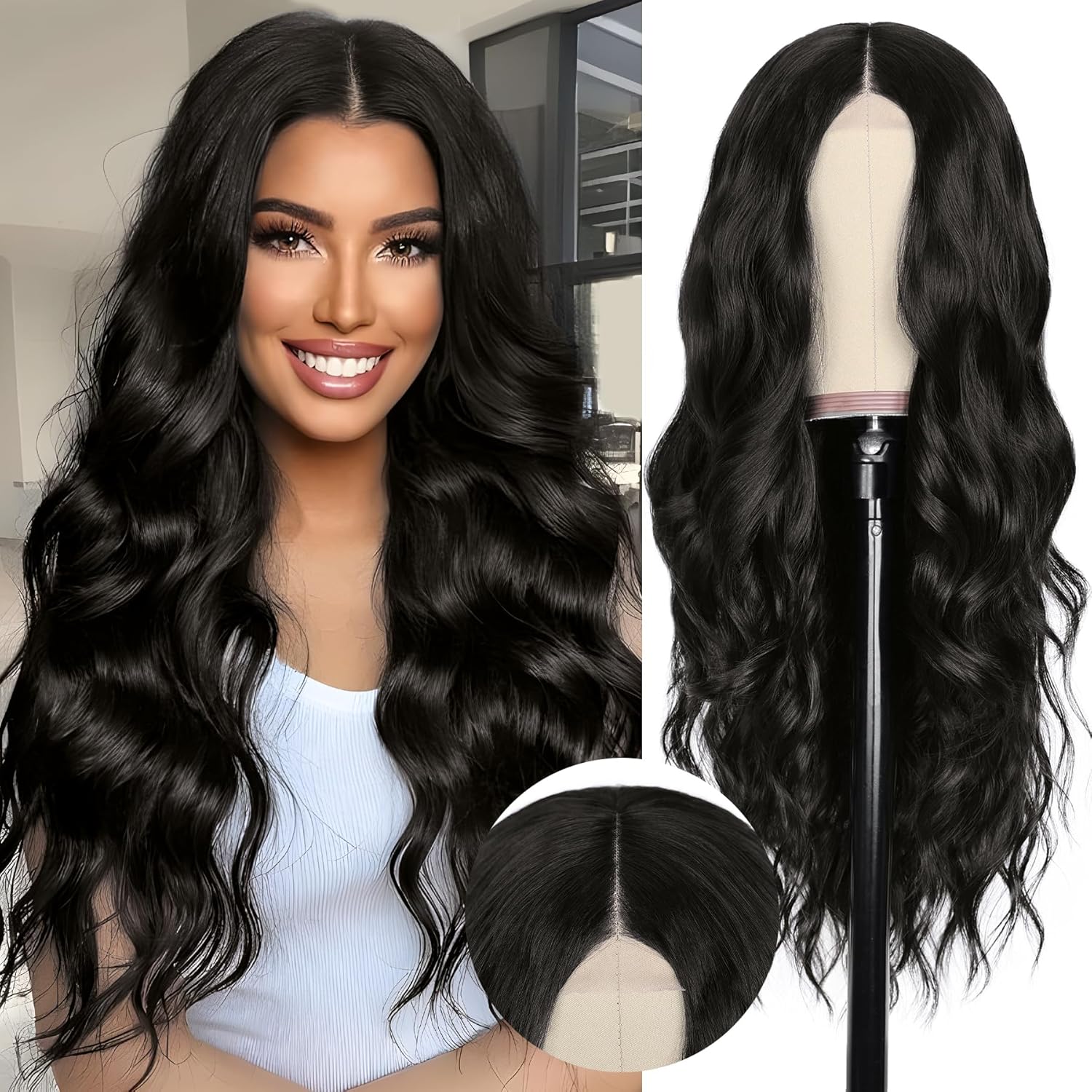NAYOO Long Black Wavy Wig for Women 26 Inch Middle Part Lace Hairline Curly Wavy Wig Natural Looking Synthetic Heat Resistant Fiber for Daily Party Use 26 Inch-2×4 Lace Natural Black