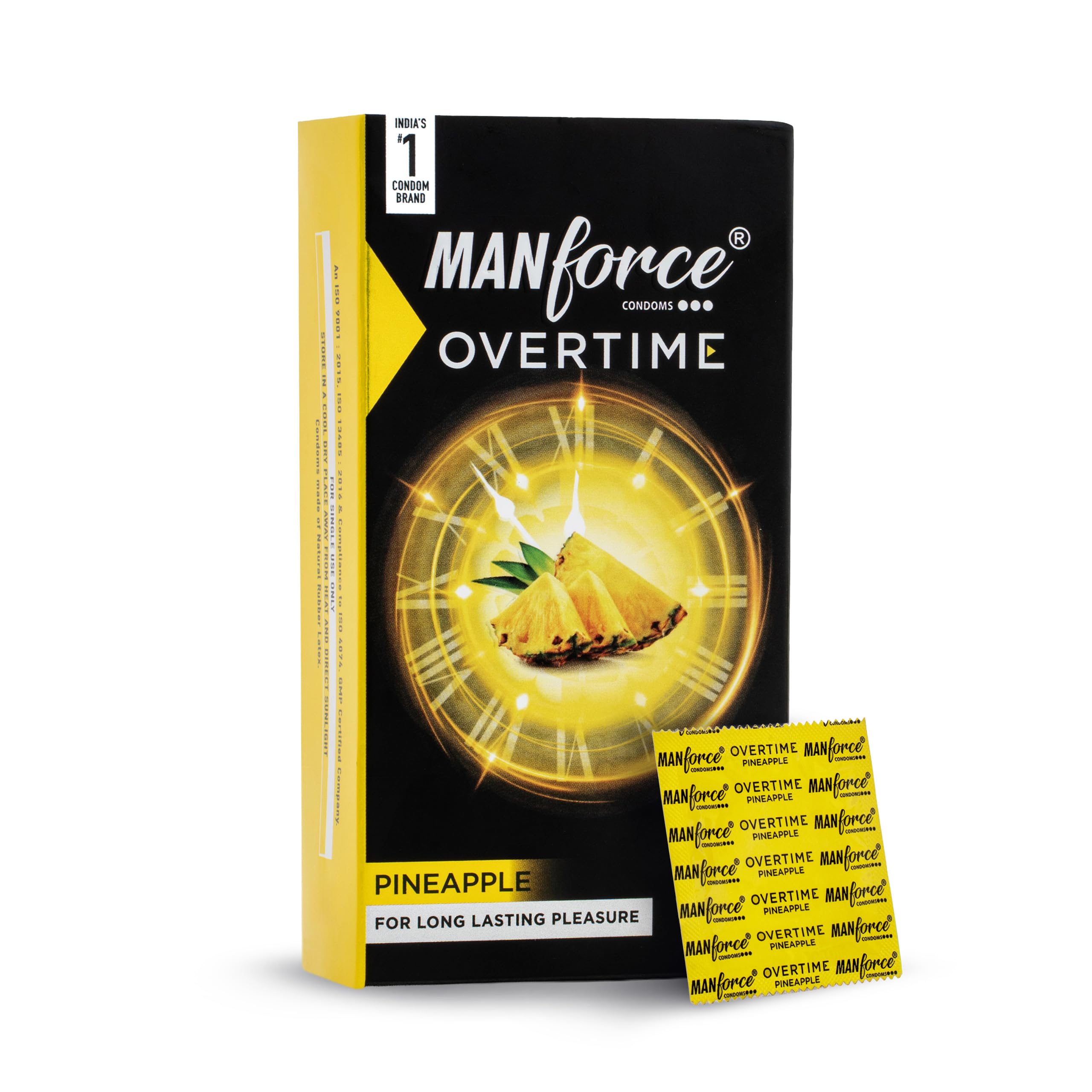 Manforce Overtime Pineapple Flavoured Condoms for Men | 10 pcs | Dotted, Contoured & Ribbed Condoms | For Long-Lasting Pleasure Of Both | India’s No. 1* Condom Brand for Safe Sex