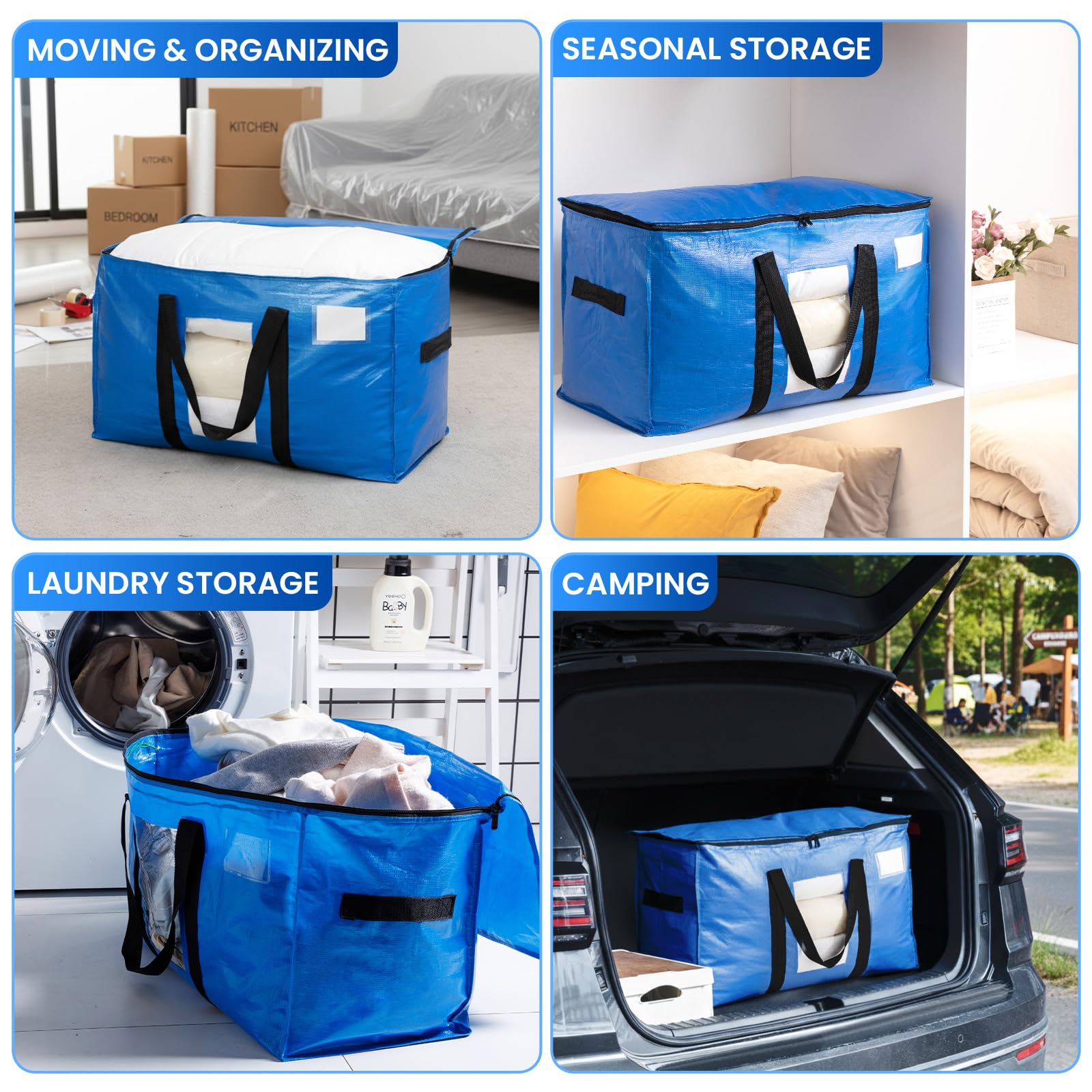 TAILI Sacs de Déménagement Extra-Larges avec Couvercle et Fenêtre, 4 PCS Housse de Rangement pour Vêtements,Couette,Literie,Alternative aux Cartons Déménagement,sacs de rangement résistants