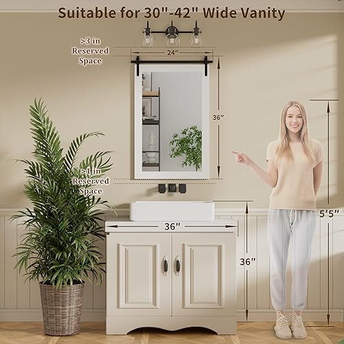 Miniatura 4 de Espejo de baño de granja, espejo cuadrado rústico blanco para pared, espejos de tocador con marco de madera, decoración estilo puerta de granero,