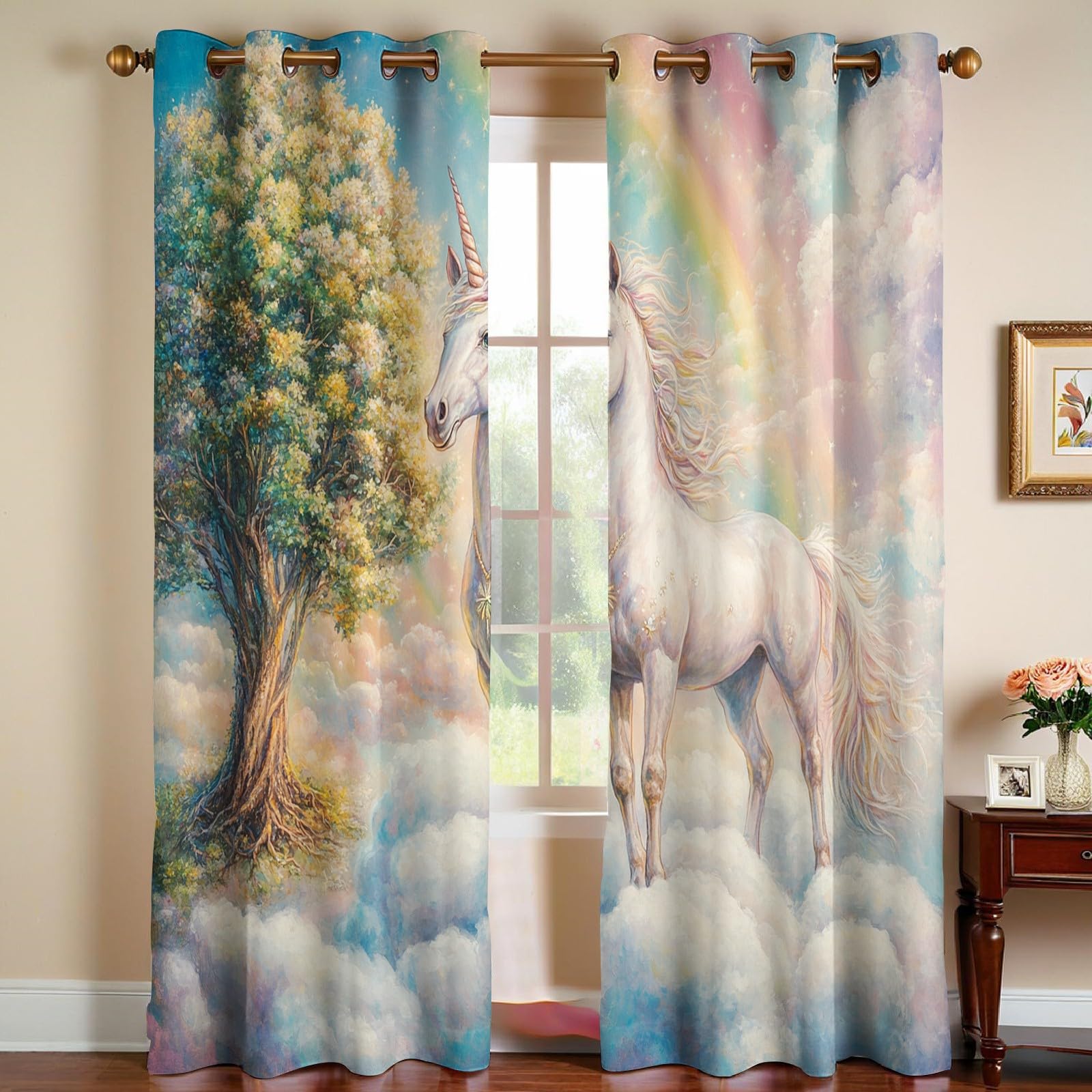 Chambre Rideaux Occultants Licorne Isolation Thermique,Impression Blanc À Œillets pour Fenêtre,Chambre et Salon,2 Panneaux,117L X 183H cm