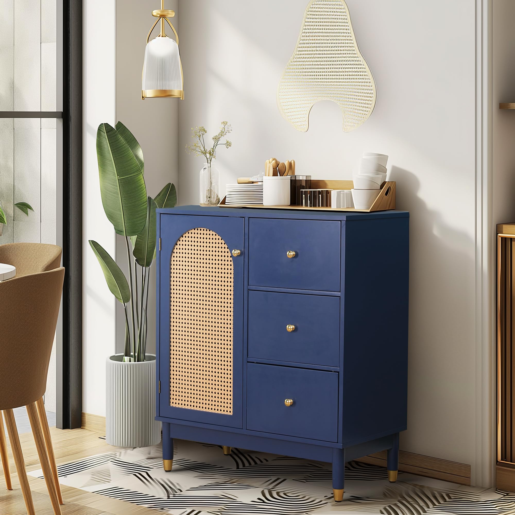 MAISON ARTSSideboard Buffet Cabinet, Modern Rattan Storage Cabinet with 2 Doors and 3 Drawers Accent Cabinet for Kitchen, Dining Room, Living Room, Hallway, Blue